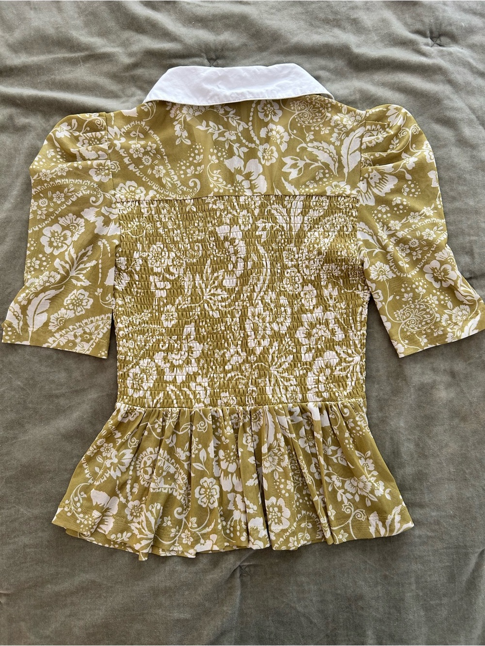 Maeve Green Floral Smocked Peplum Top with White Collar - Picture 2 of 4